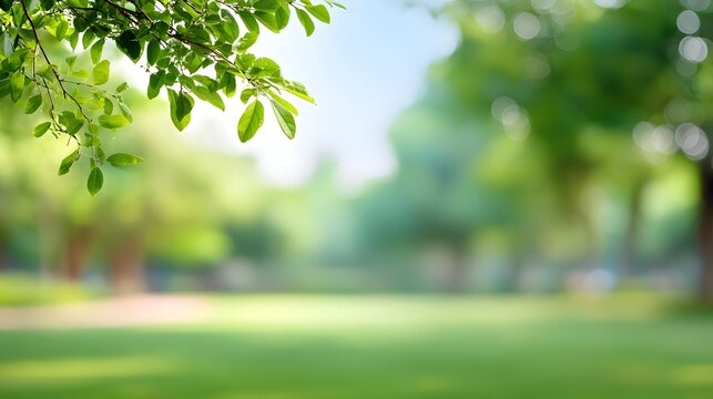 Tranquil sun drenched park landscape with sharp foreground leaves soft green lawn and blurred trees with bokeh  Evokes peace and natural beauty