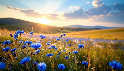 A field of bright blue cornflowers in full bloom, bathed in the warm light of a setting sun, with rolling hills in the background.