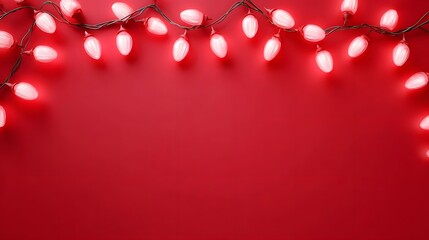 Illuminated red decorative bulbs on a string are showcased against a solid red backdrop evoking a festive mood suitable for holiday celeb ns