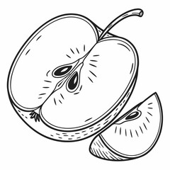 Illustration of a halved apple with seeds and a smaller slice in black and white outline style drawing