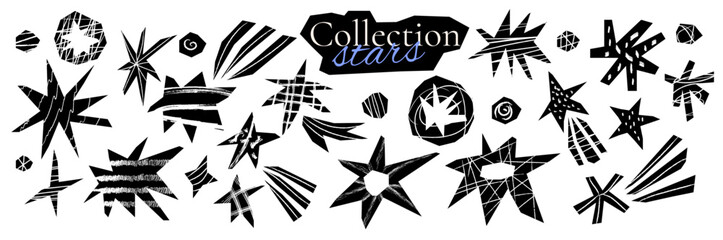 Cut out irregular star shapes for collages and zine design. Cut color explosion shapes with torn edge with scribble. Shape stars doodle scrap.