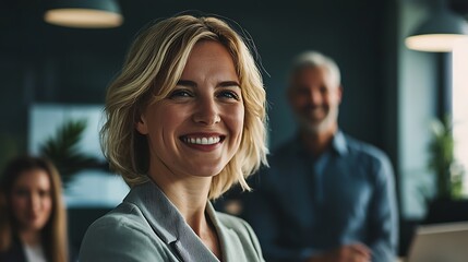 Confident businesswoman smiling in modern office environment with colleagues in the background