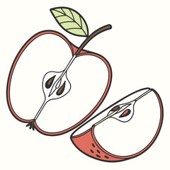 Illustration of a sliced apple with a leaf and stem showing the seeds and core on a white background