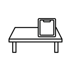 Line art icon of a tablet device standing on a table, representing technology, work, or study