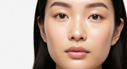 Close up portrait of a young asian woman with clear glowing skin and natural makeup