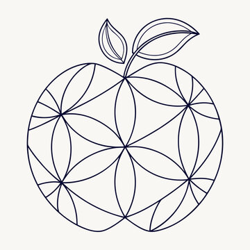 Stylized apple outline filled with geometric flower shapes and two leaves on top of the apple shape