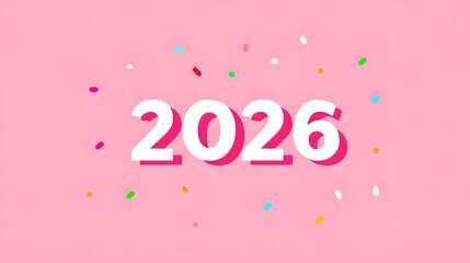 A vibrant and festive graphic featuring the year 2026 in large white 3D numbers accented by scattered multi colored confetti on a bright pink backdrop ideal for celeb ns and event promotions