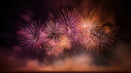 Vibrant purple and orange fireworks explode in a dark night sky creating a dazzling display of light and color