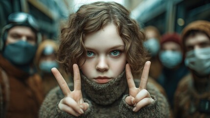 A young Caucasian girl with curly hair shows peace signs in a group of masked individuals in the background.