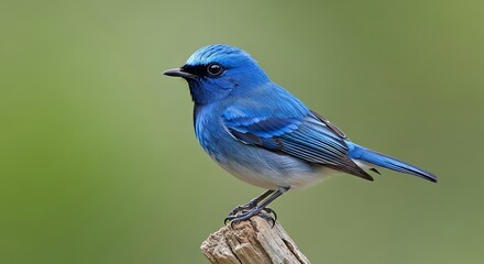 A vibrant blue flycatcher perched on a weathered branch against a soft green backdrop