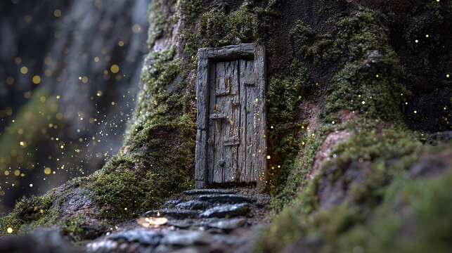 A mystical door nestled in an ancient tree trunk, inviting a journey into the unknown. The door is weathered and worn, adding to the enchanting atmosphere - Powered by Adobe