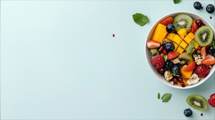 A colorful and refreshing fruit salad is presented in a white bowl, featuring a variety of fresh fruits and mint leaves against a soft blue backdrop.