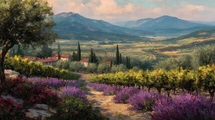 Picturesque Lavender Field and Vineyard Landscape in European Countryside with Traditional Village and Distant Mountains