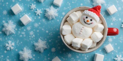 Marshmallow snowmen in a cup, amusing kids, Christmas theme on a blue backdrop, overhead view, space for text, imaginative
