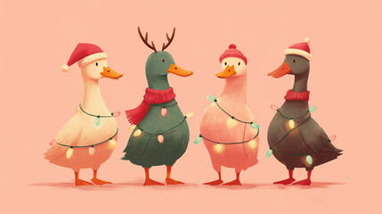 Obraz premium cute christmas ducks decorated with holiday lights and winter accessories, ideal for festive greeting cards, children’s illustrations, holiday invitations, playful posters, seasonal social media 