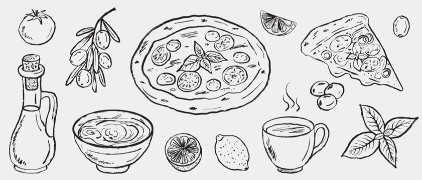 Hand drawn Italian food with pizza with tomato and basil toppings. Mediterranean ingredients olives, lemon, pasta, coffee, and fresh herbs. Vector sketch illustration in vintage crayon charcoal style