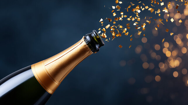 champagne bottle popping with golden confetti explosion on dark festive bokeh background, ideal for new year celebration banners, holiday party invitations, luxury event promotions, festive advertisin
