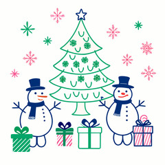 Christmas tree with snowmen and gifts 