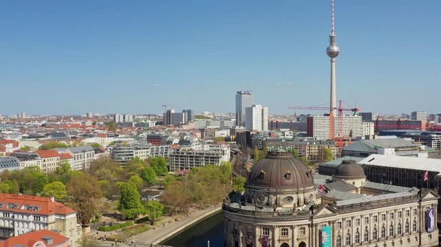 Aerial view of the Bode Museum with its copper dome and the iconic TV Tower rising above Berlin's skyline, Berlin, Berlin, Germany.