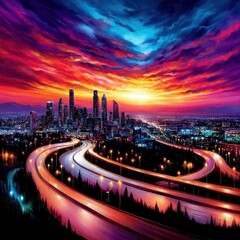 A sprawling city skyline is bathed in the dramatic colors of a sunset, with multi-level highways curving through the foreground.
