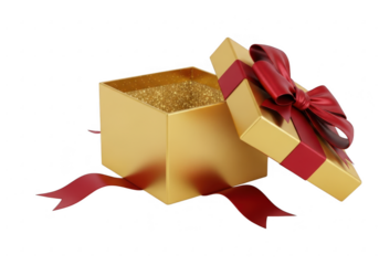 Open gold gift box with glitter and red ribbon isolated on transparent background