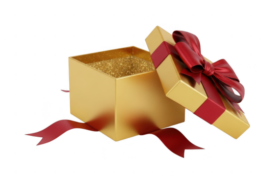 Open gold gift box with glitter and red ribbon isolated on transparent background