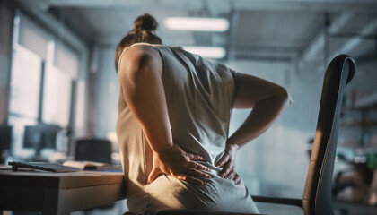 An overweight woman working in office, suffering from lower back pain, hands on lumbar muscle inflammation as he gets up from his desk