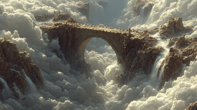 Surreal stone bridge stretching across a vast sea of clouds and misty cliffs, symbolizing fantasy, dreams, isolation, and mythical journeys.