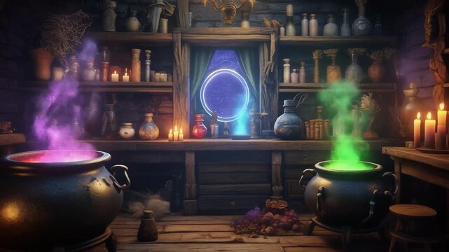 A witch’s potion room filled with bubbling cauldrons, creating a magical and mysterious atmosphere. - Powered by Adobe