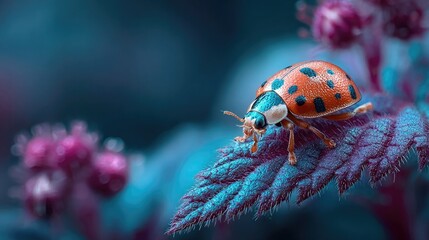 Ladybug resting in neon macro environment glowing softly, radiant insect detail and luminous botanical textures captured in surreal fantasy close-up