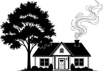 A monochrome illustration of a house with a tree and smoke coming from the chimney on a white background

