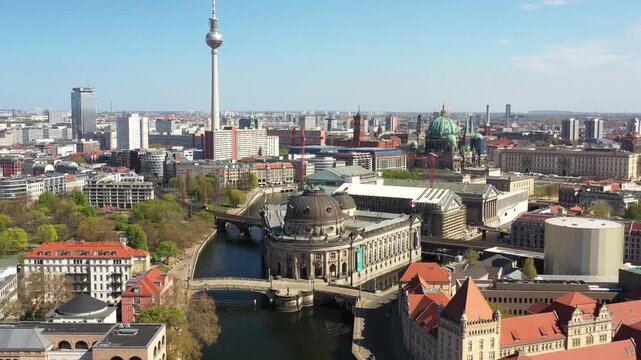 Aerial view of the Bode Museum and Berlin TV Tower standing tall amidst the urban landscape, a blend of historical architecture and modern design, Berlin, Berlin, Germany.
