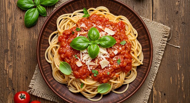 A top-down view of a plate of spaghetti with rich tomato sauce, grated cheese, and fresh basil leaves on a rustic wooden table.