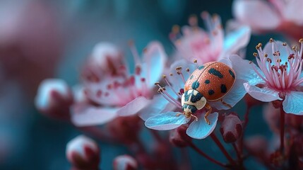Ladybug resting among neon flower cluster glowing softly, radiant insect detail and surreal luminous botanical textures captured in macro nature shot