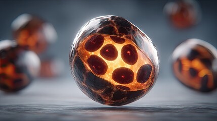 Glowing biological cells with molten interior and translucent membrane.
