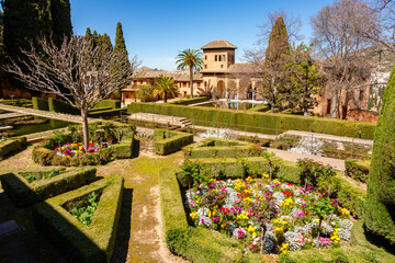 Ladies tower of Alhambra palace and gardens of Partal, Granada, Spain