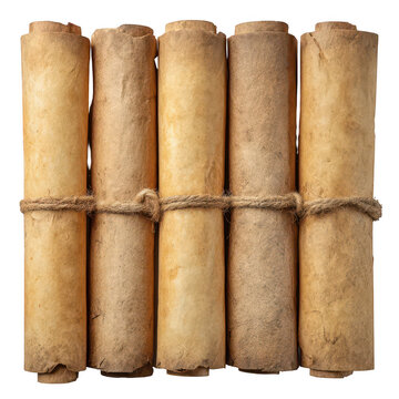 Five ancient scrolls bound together with twine