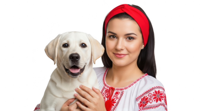 Young woman holding a labrador puppy isolated on transparent background - Powered by Adobe