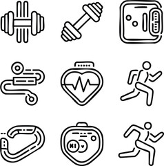 Fitness and exercise icons depicting weights running heart rate and activity tracking