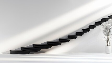 A sleek, modern black staircase with floating steps ascends against a white wall, illuminated by dramatic diagonal light and shadow, with a potted plant in the