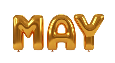 Three Golden Balloons Spell The Word May On Black Background shiny isolated on a transparent background