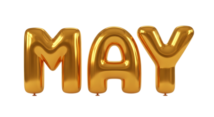 Three Golden Balloons Spell The Word May On Black Background shiny isolated on a transparent background