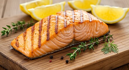 Grilled salmon fillet with grill marks, served with lemon wedges and herbs on a wooden board.