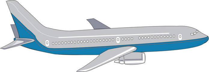 Simple illustration of a commercial passenger airplane with a blue and grey color scheme