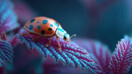 Ladybug playing in neon shadow emitting radiant glow, detailed macro close-up showing insect and luminous botanical textures in surreal fantasy setting