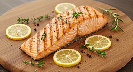 Grilled salmon fillet with lemon slices and herbs on a wooden board.