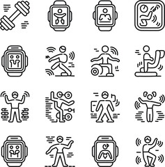 Fitness tracker icons depicting various exercises and workout activities for a healthy lifestyle