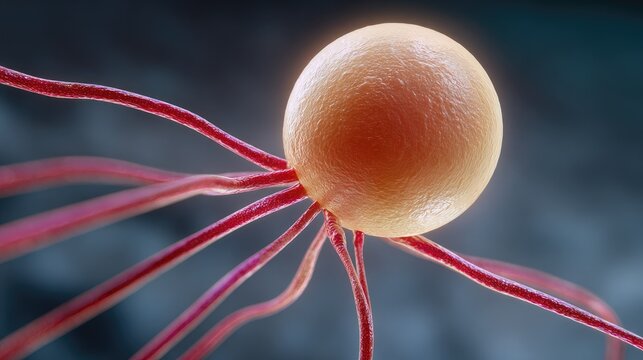 Round cell with branching filaments glows against a dark background.