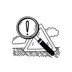 Magnifying glass over exclamation mark and triangle warning sign isolated on white background