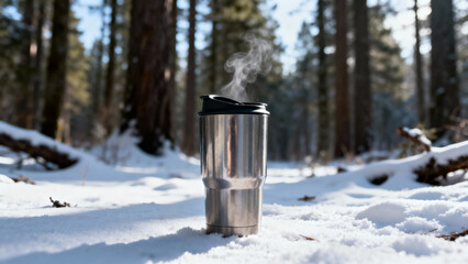 Steel thermal cup steaming in snowy forest landscape  